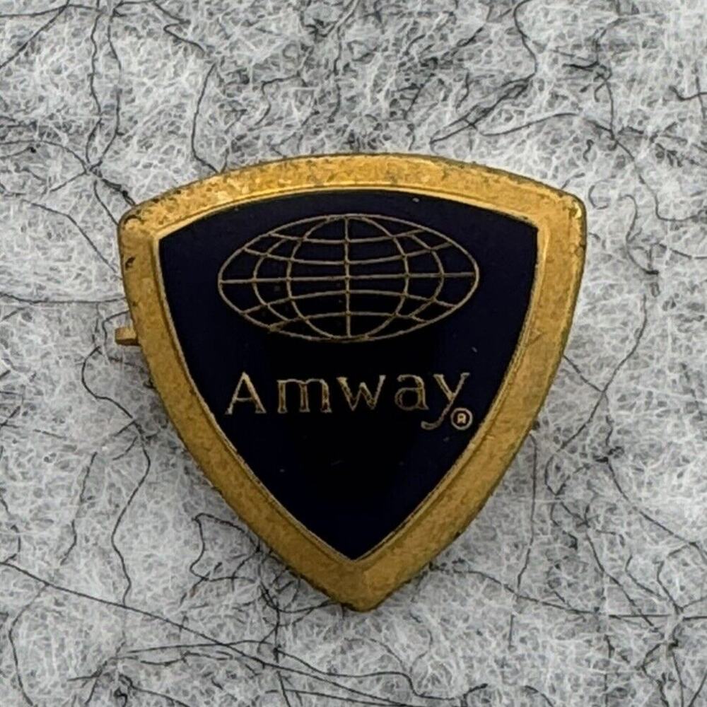 Vintage Amway Enamel Lapel Hat Pin Button Safety Pin Dark Blue Gold Tone Small